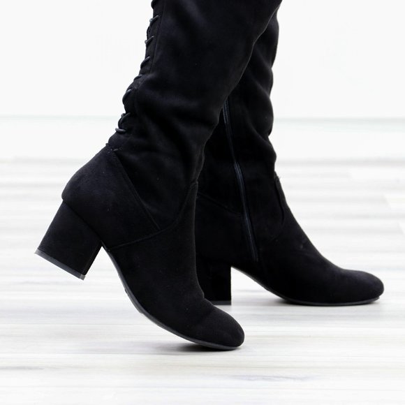 Over The Knee Block Heel Boots With Lace Up Back - Picture 14 of 16